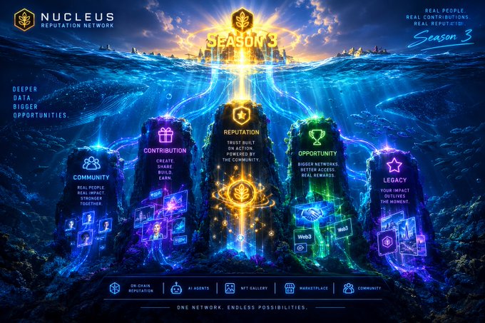 A promotional graphic for 'Nucleus Reputation Network Season 3' displays a vibrant underwater scene with illuminated pillars representing Community, Contribution, Reputation, Opportunity, and Legacy, with the tagline 'One Network. Endless Possibilities.'