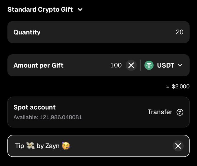 A confirmation of sending $2,000 worth of crypto tips, with 20 gifts of 100 USDT each, funded from a spot account balance of 121,986.048081, accompanied by a message reading "Tip 🦋 by Zayn 🦁".