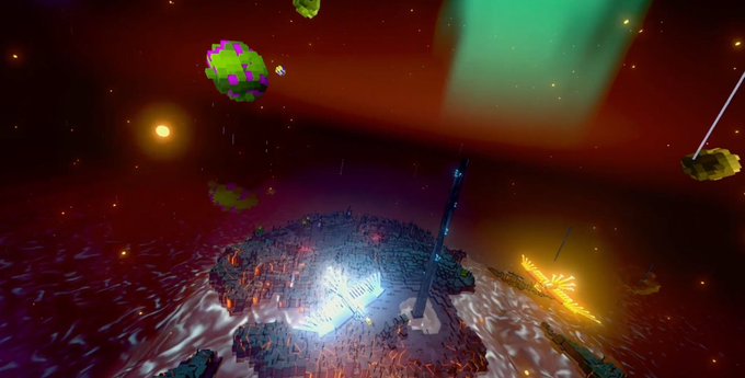 A surreal, dark sci-fi video game scene featuring a floating planetoid with a glowing city, asteroid-like objects, and beams of light piercing through a starry sky.