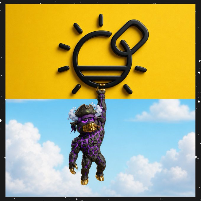 The image features a cartoon character, possibly a pirate or a monster, hanging from a yellow banner with a sun symbol above it. The character appears to be holding onto the banner as if it were a lifeline. Below the banner, there is text that reads "GM & Happy Saturday SolOnChain turned 1 yesterday Shoutout to everyone who popped in the space last night to celebrate". This suggests that the image might have been created for an event or celebration related to GM and Happy Saturday SolOnChain.