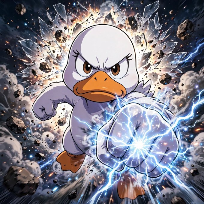A dynamic illustration of an angry cartoon duck or goose wearing a spiky white jacket, charging forward while shooting electric blue lightning from its fist.