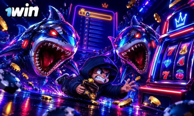 A neon-lit promotional banner for '1win' features a hooded character holding gold coins while being chased by two glowing blue robotic sharks next to a slot machine.