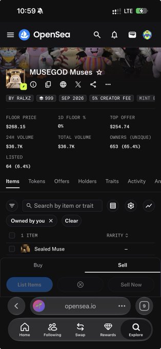 A mobile screenshot of OpenSea showing the 'MUSEGOD Muses' NFT collection page with a floor price of $268.15, 24H volume of $36.7K, and 653 unique owners (65.4%).