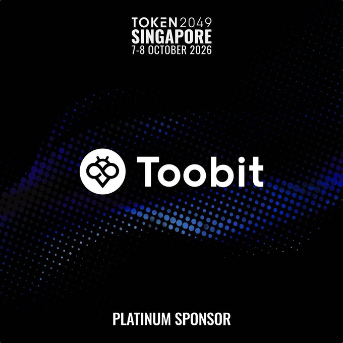 A promotional graphic for the TOKEN2049 Singapore conference (7-8 October 2026) featuring Toobit's logo with a stylized bull icon, announcing them as a Platinum Sponsor. The dark background with blue dotted patterns complements the post's message about Toobit's sponsorship and their role in bridging CEX and TradFi markets.