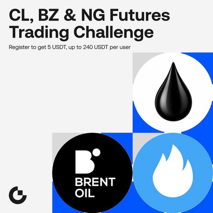 A promotional graphic for a 'CL, BZ & NG Futures Trading Challenge,' offering registration bonuses of 5 USDT up to 240 USDT, featuring icons representing crude oil, Brent Oil, and natural gas.