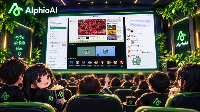 A stylized AI event scene labeled “AlphaioAI,” showing an audience facing a large screen with social media interfaces and the slogan “Together We Build More.”