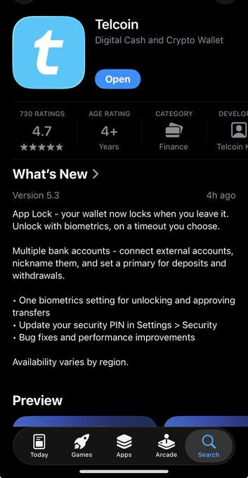 App Store listing for Telcoin, described as a 'Digital Cash and Crypto Wallet' with a 4.7 rating and version 5.3 update notes about App Lock and multiple bank accounts.