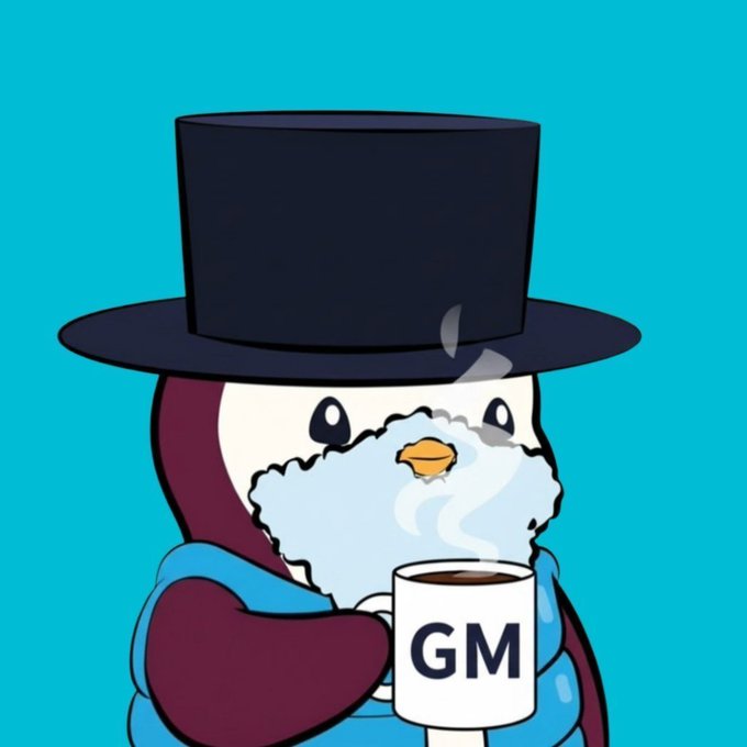 A cartoon penguin wearing a top hat and scarf holds a mug labeled 'GM' against a teal background, with steam rising from the drink.