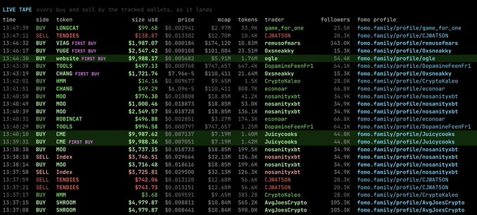A live tape from rhtrenches.com displays real-time trades of meme tokens like BUY LONGCAT, BUY VIAG, BUY YUGE, and BUY CHANS paired with stocks, showing notable figures such as CJMAYSON, renusofsours, Osxweakly, and AvgJoesCrypto trading with token prices ranging from $188.87 to $9,787.87.