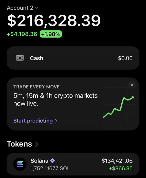 The image shows a crypto portfolio account displaying a balance of $216,328.39, up +$4,198.36 (+1.98%), with the user's largest holding being 1,752.11677 SOL (Solana) valued at $134,421.06. The post likely celebrates the gains during a "memecoin season" rally, with the visible profit and strong Solana position suggesting the user is actively profiting from the market surge.