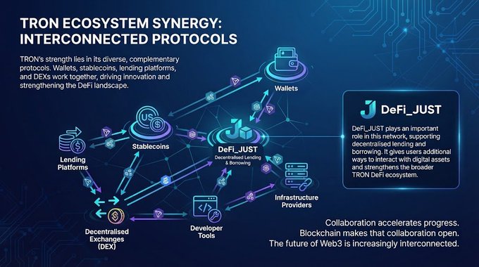 An infographic titled 'TRON ECOSYSTEM SYNERGY: INTERCONNECTED PROTOCOLS' showing connections between Wallets, Stablecoins, DeFi_JUST, Lending Platforms, Decentralized Exchanges (DEX), Developer Tools, and Infrastructure Providers.