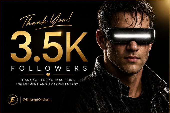 A promotional graphic thanking '3.5K FOLLOWERS' for @EmcryptOnchain_, featuring a man wearing futuristic light-bar visor goggles against a dark background with golden text.
