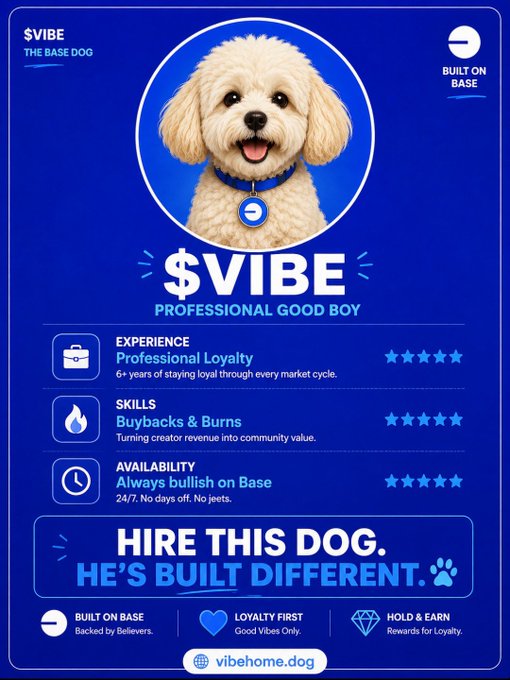 A parody resume graphic titled '$VIBE: Professional Good Boy' features a fluffy white dog wearing a blue collar, listing traits like 'Professional Loyalty' and 'Buybacks & Burns,' built on 'BASE.'