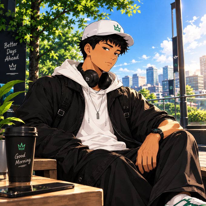 An anime-style illustration of a young man wearing a white 'Good Morning' cap, black jacket, and headphones around his neck, sitting outdoors with a coffee cup beside him.