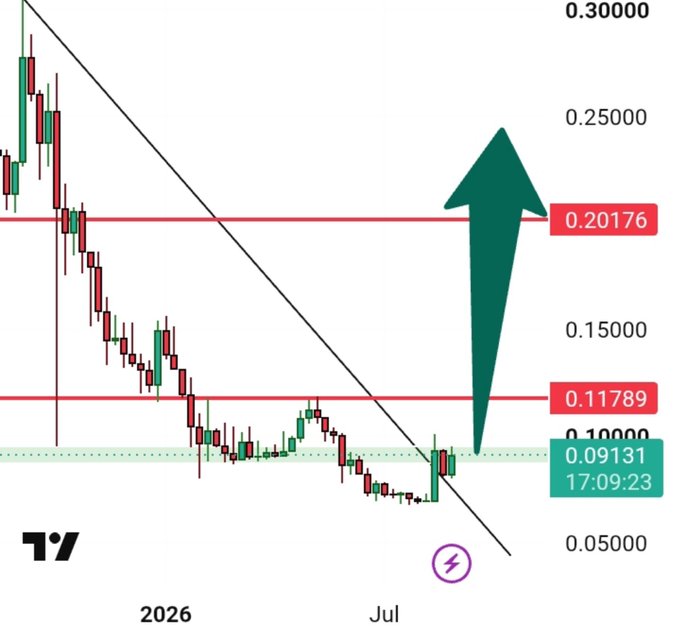 A financial chart showing a downward trend line with a large green arrow pointing up to the 0.20176 resistance level, alongside red support lines at 0.11789 and 0.09131.