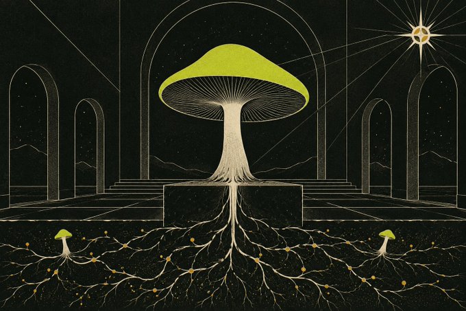 A psychedelic illustration depicts a large glowing green mushroom in a dark architectural space with arches, a star, and an underground root system with smaller mushrooms.