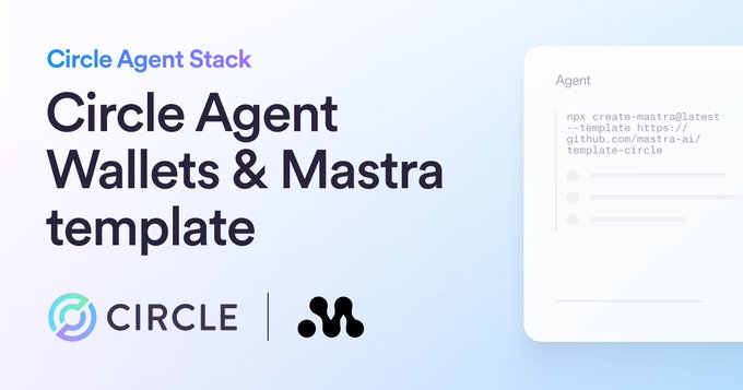 Promotional graphic titled "Circle Agent Wallets & Mastra template" featuring a code snippet showing the command `npx create-mastra@latest --template https://github.com/mastra-ai/template-circle` alongside Circle and Mastra logos. The image visually reinforces the tweet's announcement by illustrating the developer setup for integrating Circle's programmable USDC wallets into Mastra-powered AI agents.
