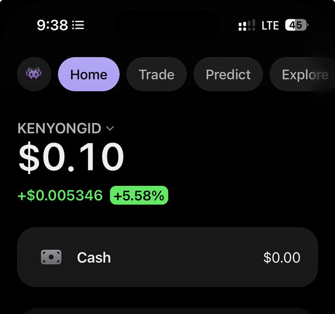 A screenshot of a Robinhood portfolio showing account "KENYONGID" with a balance of $0.10, up +$0.005346 (+5.58%) today, humorously illustrating the poster's modest gains amid a broader crypto market rally.