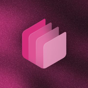 A pink, layered icon resembling stacked folders or papers sits against a sparkly, dark pink background.