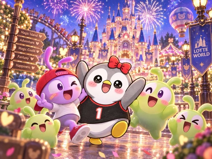 A cheerful penguin mascot wearing a red bow and jersey numbered "1" poses with cute green alien-like characters and a purple bunny in a purple cap at Lotte World, with a signpost listing "Magic Island," "Adventure," "Magic Castle," "Fantasy," and "Happiness," set against a fairytale castle and fireworks—celebrating the exclusive KBW season takeover of the park with MemeCore.