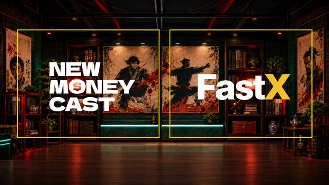 A promotional image with a dark, wood-paneled room background displays "NEW MONEY CAST" and "FastX" logos over artwork of two samurai figures.