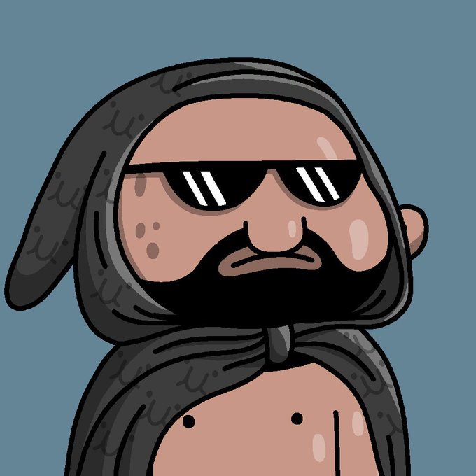 A cartoon illustration of a bearded man wearing dark sunglasses and a gray hooded cloak against a blue-gray background.