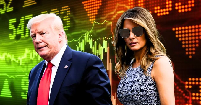 The image shows Donald Trump and Melania Trump superimposed over a background of green and red stock/crypto charts with a world map pattern, illustrating the post's claim that while the Trump family's crypto earnings have reportedly reached $1.4 billion, the $TRUMP and $MELANIA meme coins have crashed 98-99% from their peaks, leaving retail investors with heavy losses.