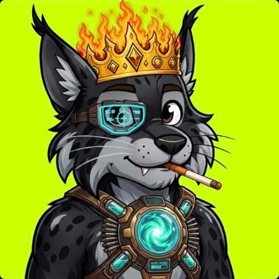 An illustrated cartoon wolf character wearing a flaming golden crown, a teal eyepatch, and a chest piece with a glowing blue orb, holding a cigarette in its mouth against a bright green background.