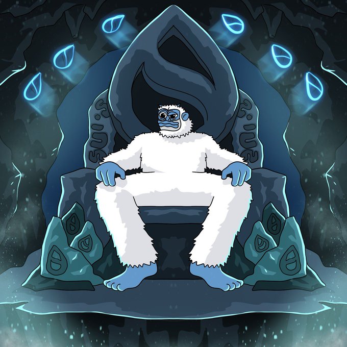 A digital illustration of a furry white and blue yeti-like creature with goggles, sitting on a dark stone throne surrounded by glowing blue shards.