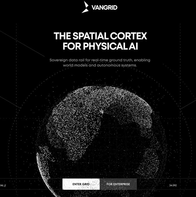 A VANGRID website banner titled 'THE SPATIAL CORTEX FOR PHYSICAL AI' describing it as a 'Sovereign data rail for real-time ground truth, enabling world models and autonomous systems,' featuring a particle-style globe visualization with 'ENTER GRID' and 'FOR ENTERPRISE' buttons.