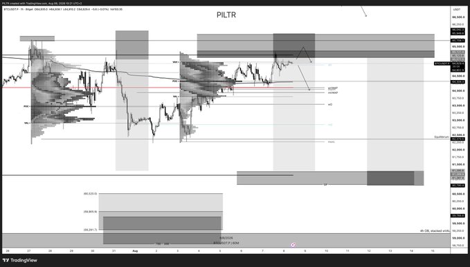 A TradingView chart of $BTC (Bitcoin) on what appears to be an hourly timeframe showing price action from late July through mid-August, with volume profile overlays, Fibonacci levels, and highlighted zones (gray rectangles) marking key support/resistance areas around the $118K-$120K range, illustrating the post's discussion of thin weekend liquidity and recent poor highs that failed to hold.