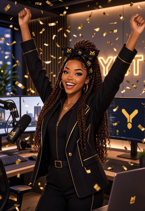 An anime-style illustration of a woman with long braided hair and a bow, wearing a black blazer with gold trim, celebrating with arms raised amid falling gold confetti.