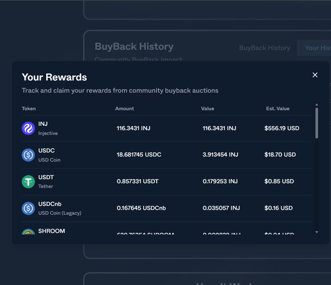 A 'Your Rewards' panel from a BuyBack History interface showing token holdings including 116.3431 INJ (~$556.19 USD), 18.681745 USDC, 0.857331 USDT, and 0.167645 USDCnb.