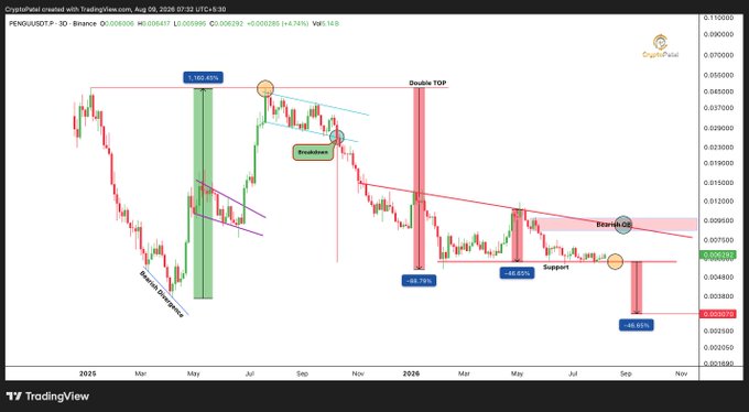 A TradingView chart for PENGU/USDT.P on Binance showing technical analysis annotations including a bearish divergence, +160.45% rally, double top pattern, and -38.78%, -26.45%, and -45.95% declines.
