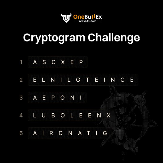 The image shows a "Cryptogram Challenge" graphic by OneBullEx (www.11.com) displaying five scrambled AI and crypto terms to decode: ASCXEP, ELNILGTEINCE, AEPONI, LUBOLEENX, and AIRDNATIG, which appear to be anagram puzzles related to the trading giveaway mentioned in the accompanying post.