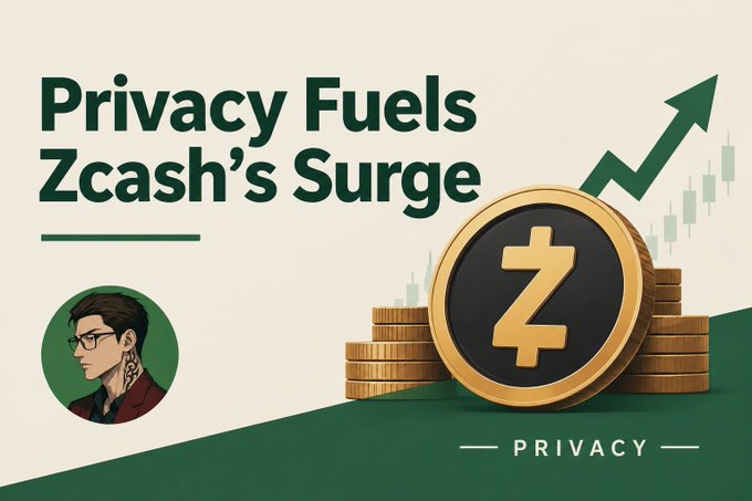 Promotional graphic titled "Privacy Fuels Zcash's Surge" featuring a gold Zcash coin, an upward green arrow chart, and an illustrated avatar in the bottom left corner.