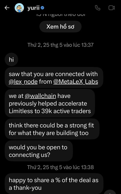 A Telegram message conversation with 'yurii' discussing a business connection, mentioning '@lex_node from @MetaLeX_Labs' and '@wallchain', and offering 'happy to share a % of the deal as a thank-you'.