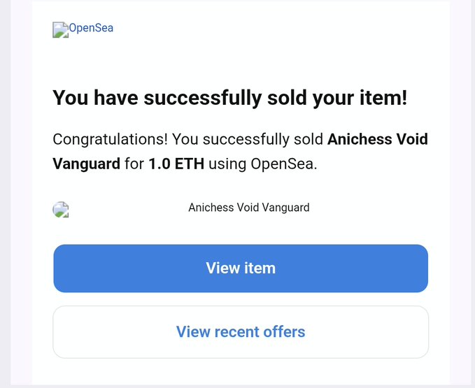 A confirmation email from OpenSea reads "You have successfully sold your item!" for the NFT "Anichess Void Vanguard" sold for 1.0 ETH, with buttons to "View item" and "View recent offers," symbolizing the end of the creator's Anichess journey as they move on to a new project called MindGames.