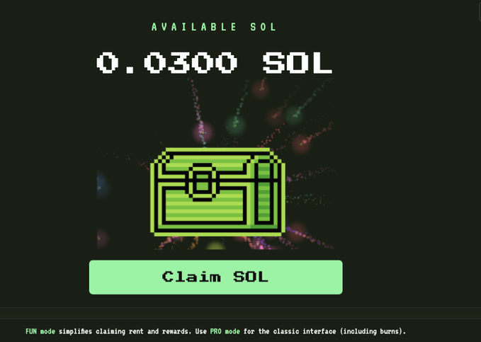 A pixel-art green wallet icon displays "AVAILABLE SOL: 0.0300 SOL" with a "Claim SOL" button, illustrating how users can reclaim small amounts of SOL paid as account rent from token purchases on the Solana blockchain.
