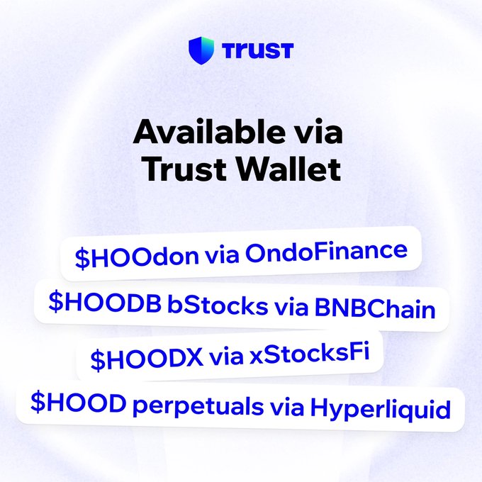 A promotional graphic with the Trust Wallet logo at the top stating "Available via Trust Wallet," listing four ways to access $HOOD (Robinhood) onchain: $HOODon via Ondo Finance, $HOODB bStocks via BNBChain, $HOODX via xStocksFi, and $HOOD perpetuals via Hyperliquid—visually reinforcing the post's announcement of Robinhood's onchain representation.
