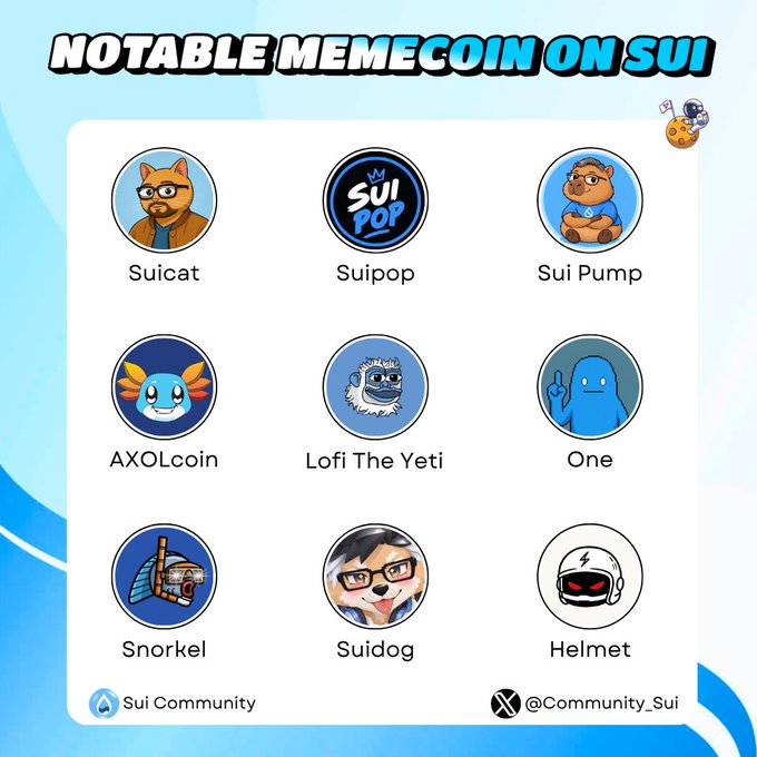 An infographic titled "NOTABLE MEMECOIN ON SUI" displays nine cartoon icons including "Suicat", "Suipop", "Suipump", "AXOLcoin", "Lofi The Yeti", "One", "Snorkel", "Suidog", and "Helmet".