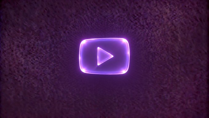 A glowing purple neon play button icon, resembling the YouTube logo, displayed against a dark textured background.