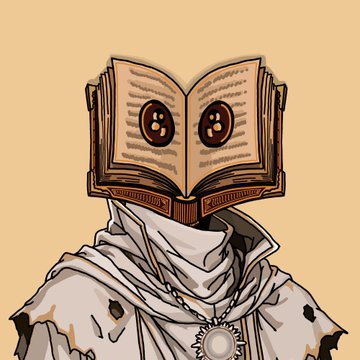 An illustration of a figure in tattered robes with an open book for a head, featuring large expressive eyes on the pages, set against a beige background.