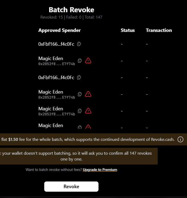 A screenshot of a 'Batch Revoke' cryptocurrency wallet interface showing a list of approved spenders including addresses beginning with '0xFbf166...f4c0Fc' and 'Magic Eden', with 15 revoked, 0 failed, and 147 total entries, featuring a $1.50 fee notice and a 'Revoke' button at the bottom.