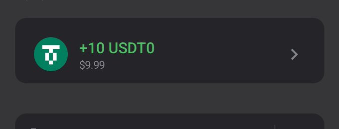 A mobile wallet screen shows a balance of "+10 USDT0" valued at $9.99 with a Tether (USDT) logo, suggesting a successful crypto profit-taking. The post celebrates taking profits on Solana, humorously addressing a family member about the trading win.