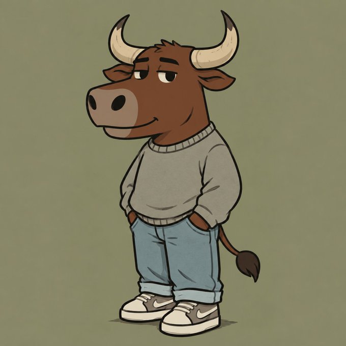 An illustrated cartoon bull wearing a gray sweater, blue jeans, and Nike sneakers, standing against a green background.