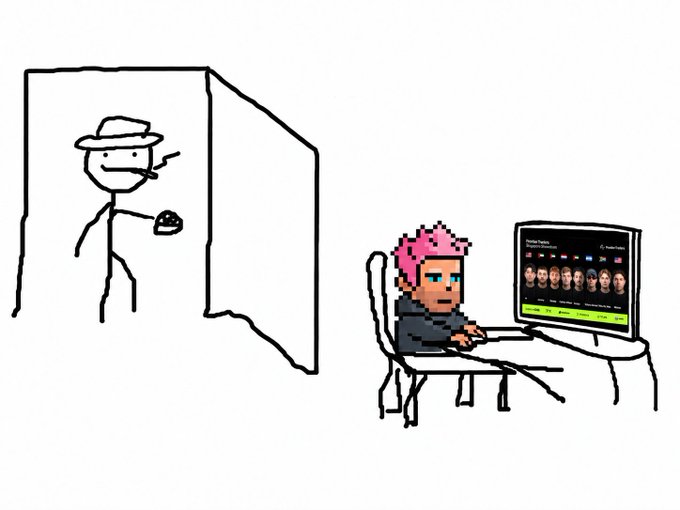 A crude drawing shows a stick figure in a hat and mask offering a taco through a wall to a pink-haired character sitting at a computer displaying a character selection screen.