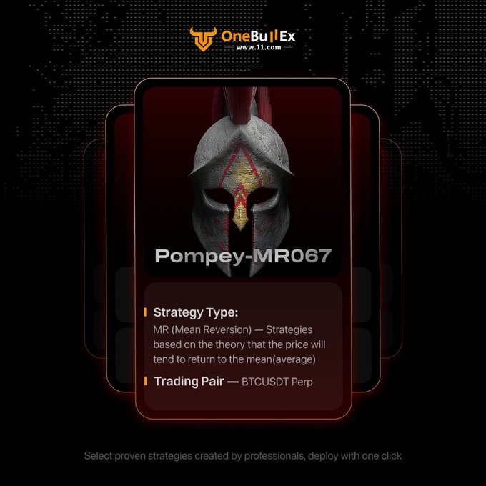 The image features a picture of a helmet, possibly a Roman soldier's helmet or a battle helmet representing a warrior's shield symbolizing strength and protection against enemies. The helmet has a distinctive red and gold color scheme. In front of this helmet is a card that says "Pompey-MR067", which seems to be the name of an item related to the image, possibly a historical artifact or a costume accessory. There's also some text on the card explaining how it works: "Mean Reversion - Strategies based on the theory that the price will follow a mean reversion (reversals tend to end in the same price). $BTC - focused reversal candlestick signals combined with trend confirmation filters". The main focus of this card is the helmet, but there's also information about the related item and its functionality.