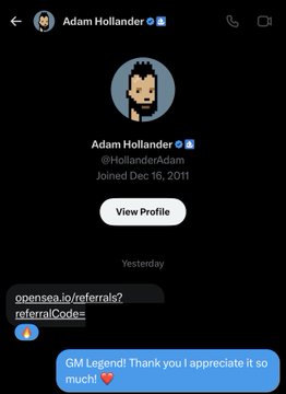 Telegram profile view of Adam Hollander (@HollanderAdam), joined Dec 16, 2011, sharing an OpenSea referral link.