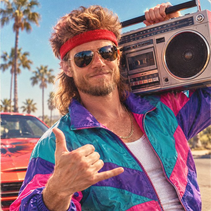 An AI-generated image of a man in 80s-style attire — a colorful windbreaker, red headband, and aviator sunglasses — holding a boombox on his shoulder and making a hand sign.